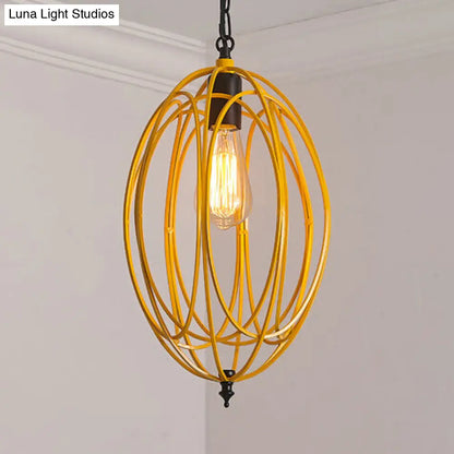 Industrial Gray/Red Oval Cage Hanging Pendant Light with Adjustable Chain - 1 Bulb - Ideal for Restaurants, Metallic Design