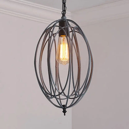 Industrial Gray/Red Oval Cage Hanging Pendant Light with Adjustable Chain - 1 Bulb - Ideal for Restaurants, Metallic Design