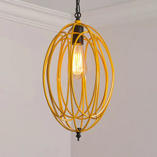 Industrial Gray/Red Oval Cage Hanging Pendant Light with Adjustable Chain - 1 Bulb - Ideal for Restaurants, Metallic Design