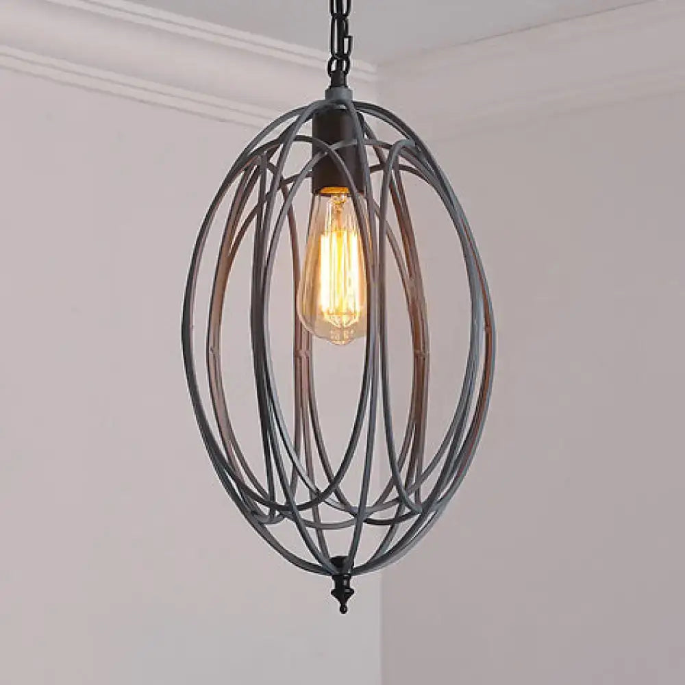 Decorbites™ industrial gray red oval cage hanging pendant light with adjustable chain and glowing edison bulb ideal for restaurants