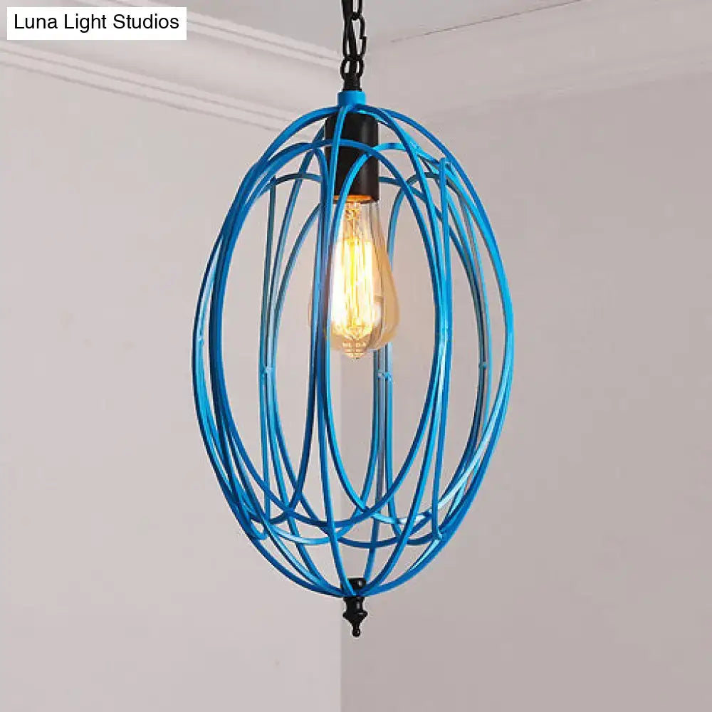 Vibrant blue metal oval cage pendant light with exposed edison bulb featuring gray red oval design for 110v-120v 220v-240v use