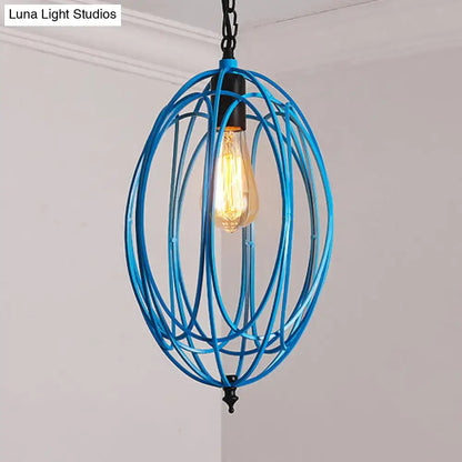 Vibrant blue metal oval cage pendant light with exposed edison bulb featuring gray red oval design for 110v-120v 220v-240v use