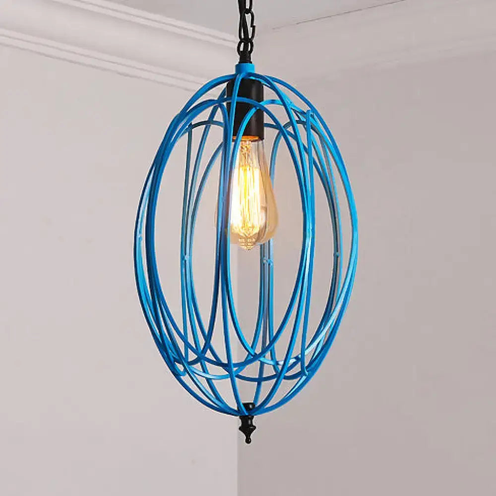 Vibrant blue oval cage pendant light with exposed Edison bulb in DecorBites industrial gray red oval design for 110v-120v 220v-240v use