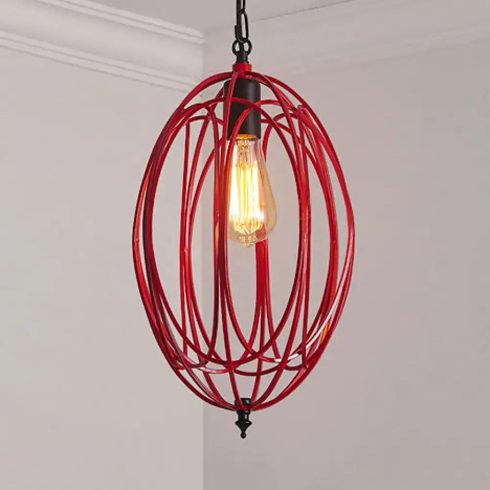 Decorbites industrial gray red oval cage pendant light with exposed edison bulb for 110v-120v 220v-240v use