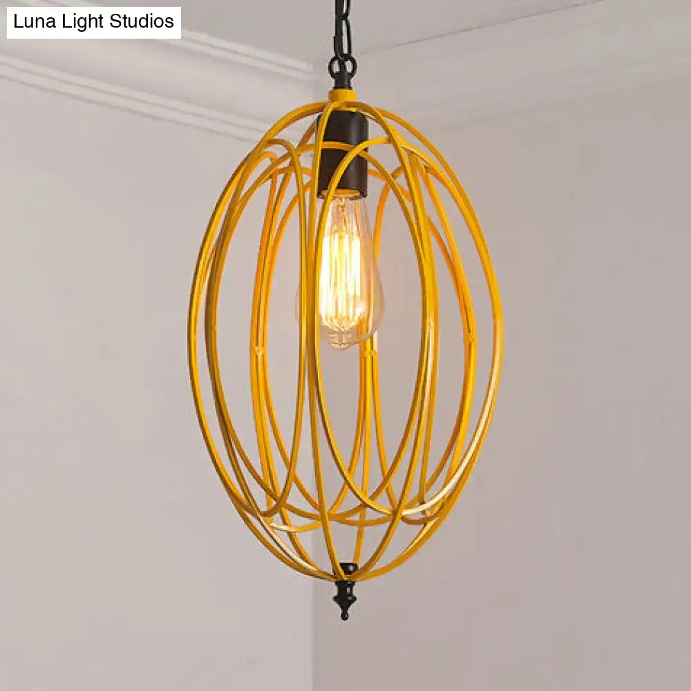 Yellow metal cage pendant light with exposed edison bulb in gray red oval cage design for 110v-120v 220v-240v use