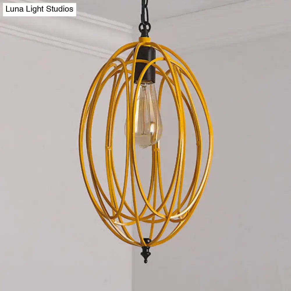 DecorBites™ gray red oval cage hanging pendant light with yellow metal cage and visible Edison bulb 110v-120v 220v-240v