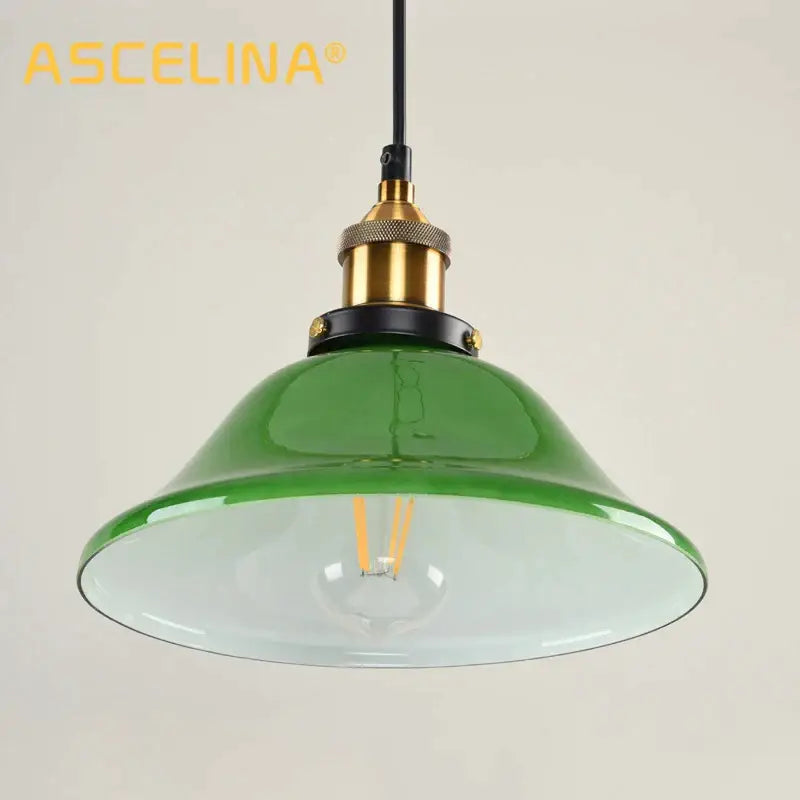 Industrial green glass pendant light with brass and black metal accents for dining room pendant light fixture