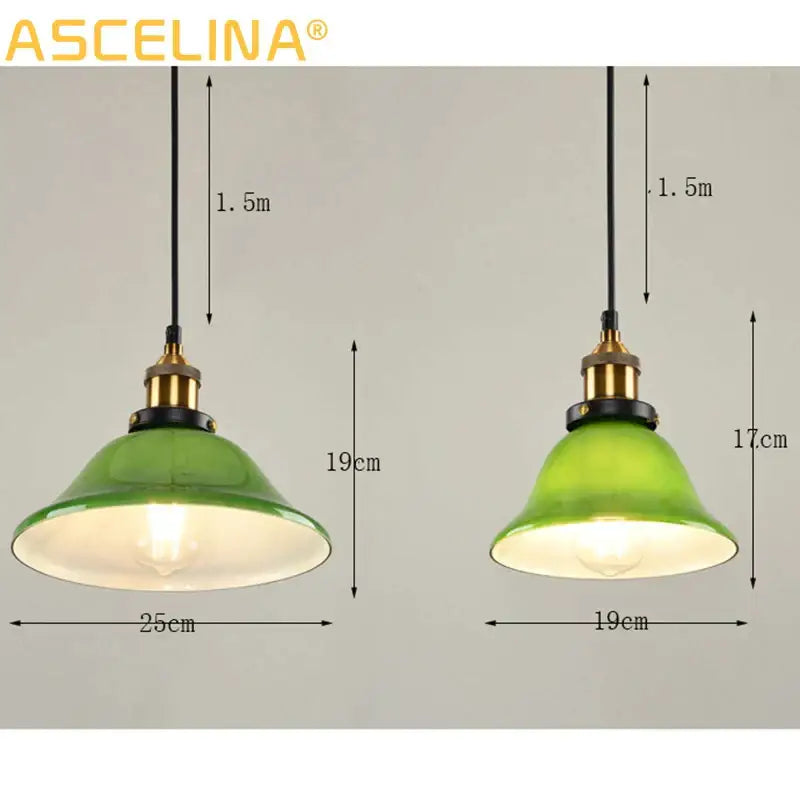 Industrial green glass pendant light with brass accents featuring vintage design for dining room lighting