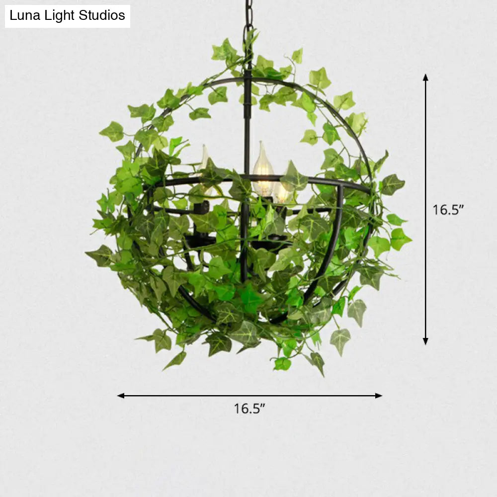 Industrial Green Iron Ceiling Chandelier with 3-Lights, Fake Plant and Cage - Restaurant Pendant Lamp
