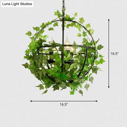 Industrial Green Iron Ceiling Chandelier with 3-Lights, Fake Plant and Cage - Restaurant Pendant Lamp