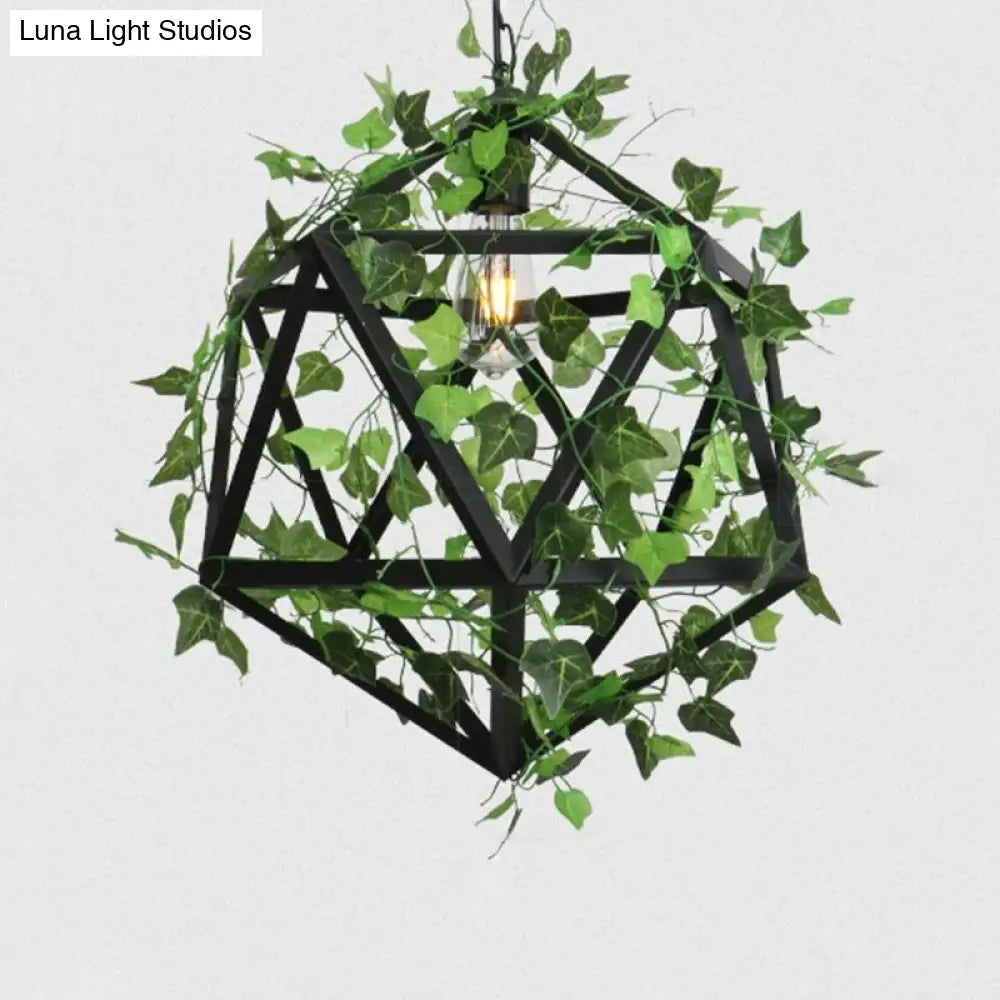 Industrial Green Iron Ceiling Chandelier with 3-Lights, Fake Plant and Cage - Restaurant Pendant Lamp