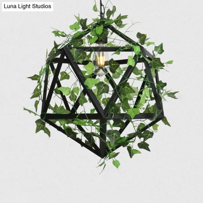Industrial Green Iron Ceiling Chandelier with 3-Lights, Fake Plant and Cage - Restaurant Pendant Lamp