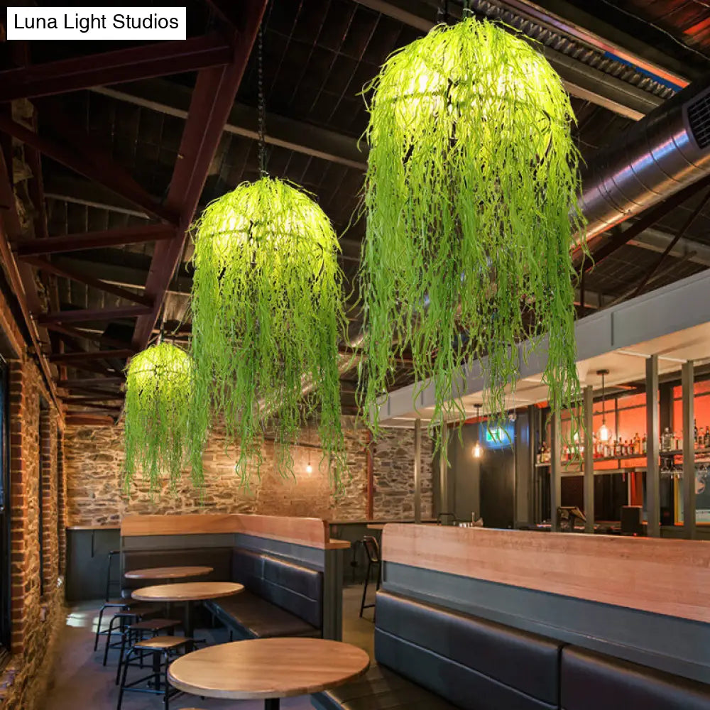 Industrial Green Metal Chandelier with Bell Cage Design and Wicker Ornament, 18"/21.5" Wide - Hanging Ceiling Light with 3 Heads