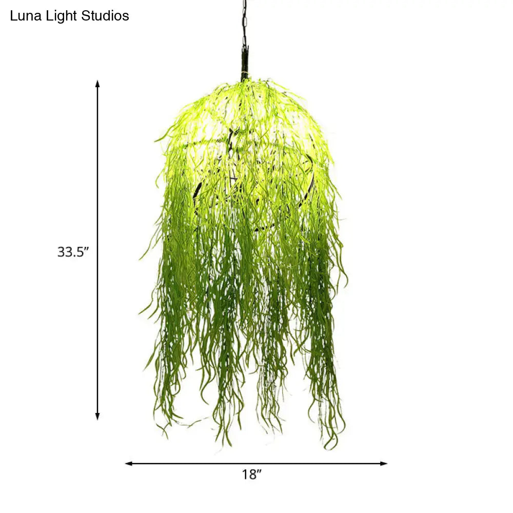 Industrial Green Metal Chandelier with Bell Cage Design and Wicker Ornament, 18"/21.5" Wide - Hanging Ceiling Light with 3 Heads