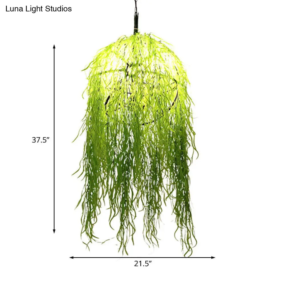 Industrial Green Metal Chandelier with Bell Cage Design and Wicker Ornament, 18"/21.5" Wide - Hanging Ceiling Light with 3 Heads