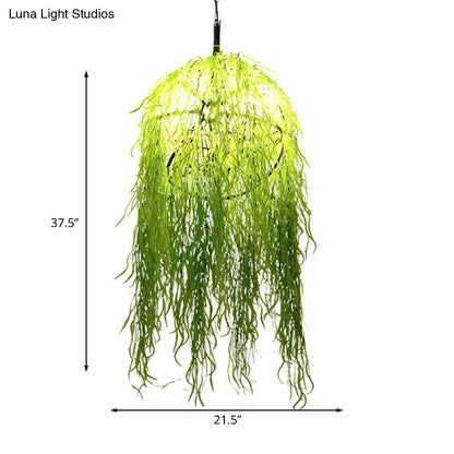 Industrial Green Metal Chandelier with Bell Cage Design and Wicker Ornament, 18"/21.5" Wide - Hanging Ceiling Light with 3 Heads