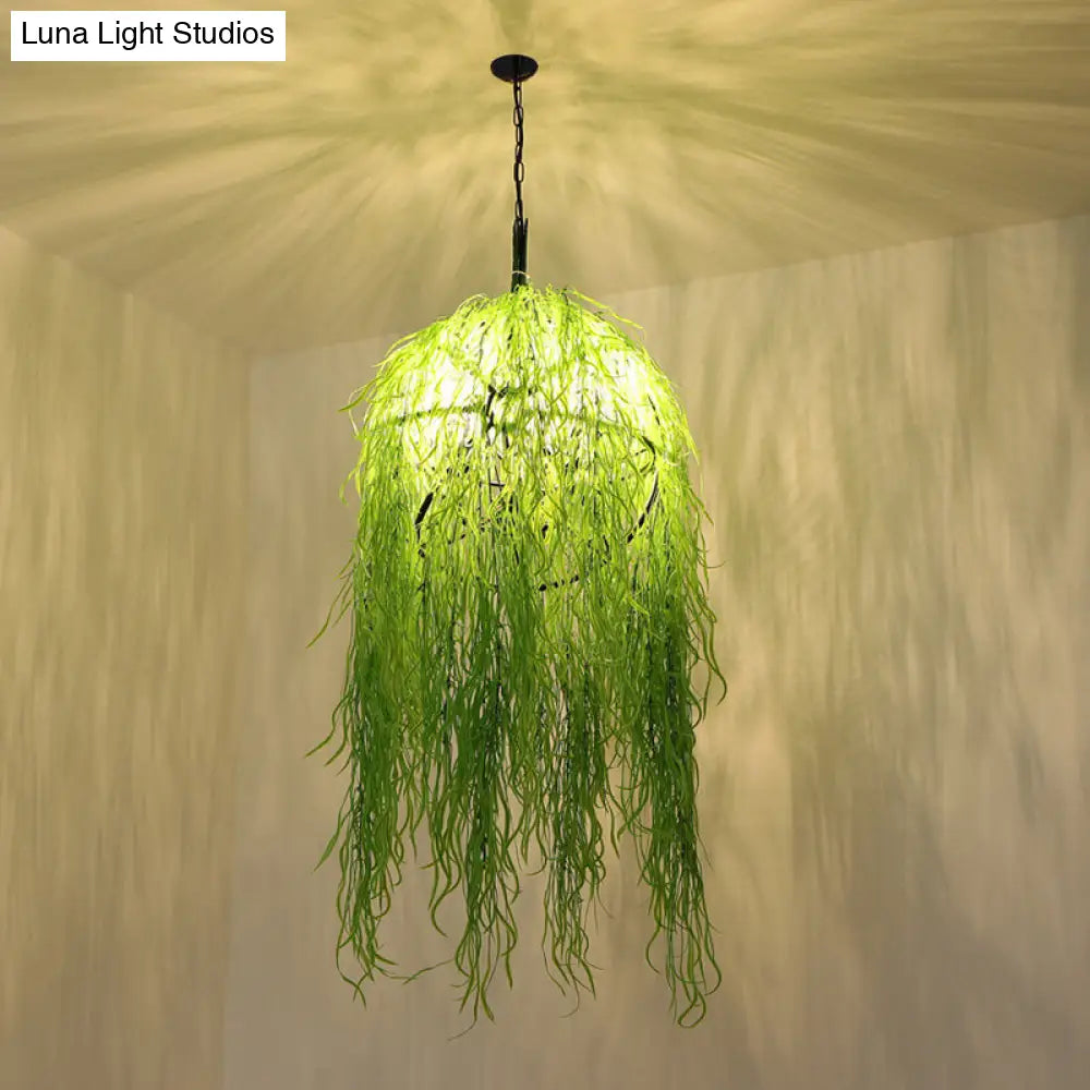 Industrial Green Metal Chandelier with Bell Cage Design and Wicker Ornament, 18"/21.5" Wide - Hanging Ceiling Light with 3 Heads