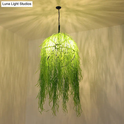 Industrial Green Metal Chandelier with Bell Cage Design and Wicker Ornament, 18"/21.5" Wide - Hanging Ceiling Light with 3 Heads