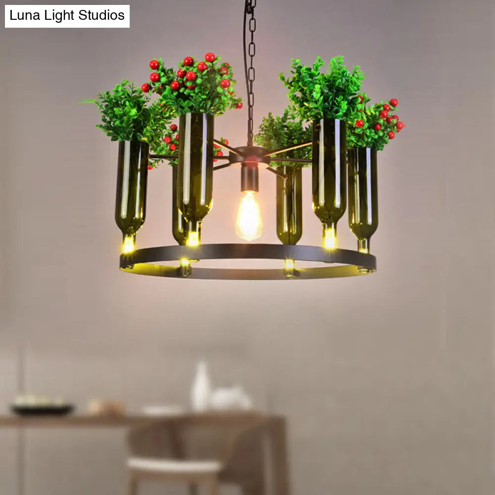 Industrial Green Metal Chandelier with Plant Decoration - 7/10 Head Round Ceiling Light