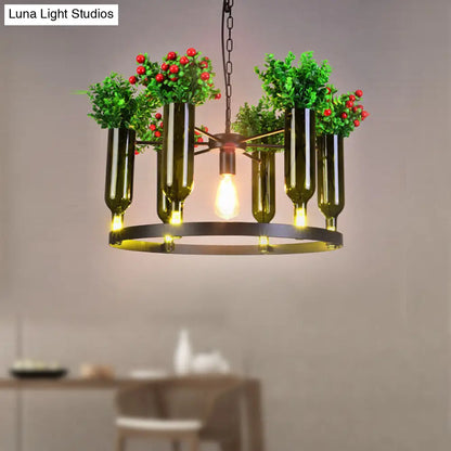 Industrial Green Metal Chandelier with Plant Decoration - 7/10 Head Round Ceiling Light