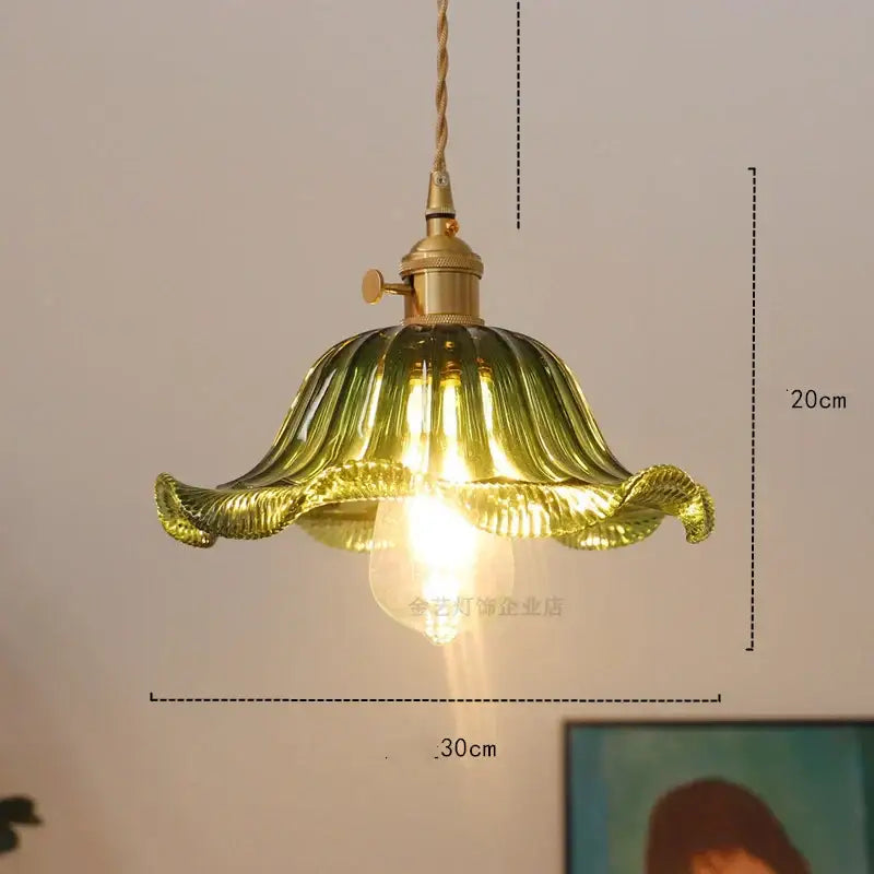 Golden flower-shaped glass industrial pendant light with brass fixture and twisted cord for dining room decorbites glass industrial