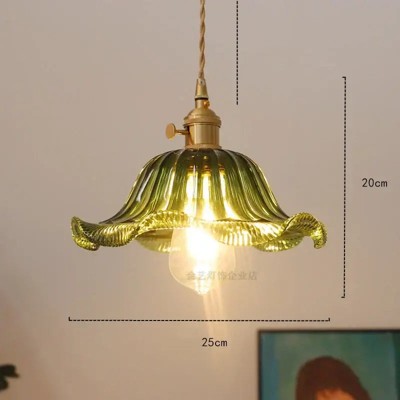Golden flower-shaped glass industrial pendant light with brass fixture and twisted cord for dining room decorbites glass industrial