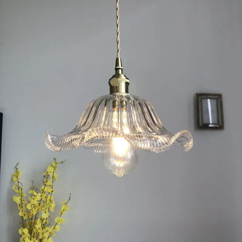 Delicate clear glass industrial pendant light with fluted petal design and brass copper socket for dining room decorbites glass industrial