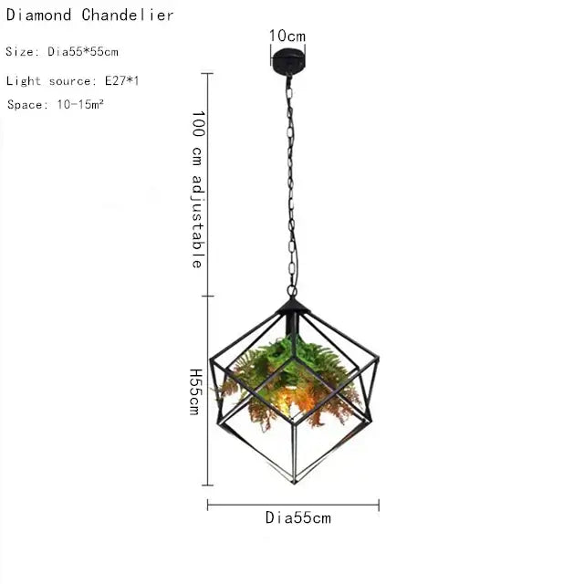 Black metal industrial greenery chandelier with geometric diamond frame housing green and orange foliage decorbites industrial