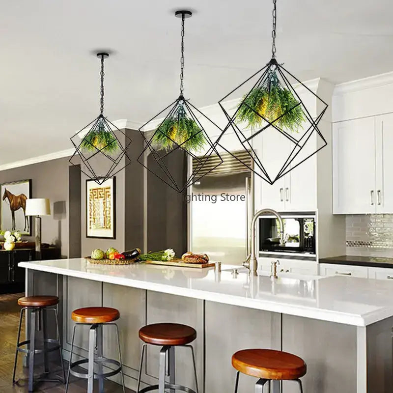 Black metal industrial greenery chandelier with geometric pendant lights and hanging greenery by decorbites industrial