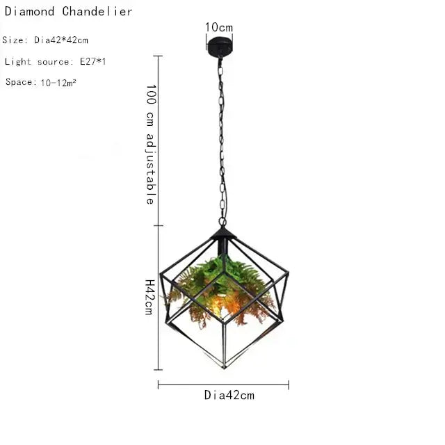 Black metal industrial greenery chandelier with diamond frame housing green plants and illuminated interior by decorbites industrial