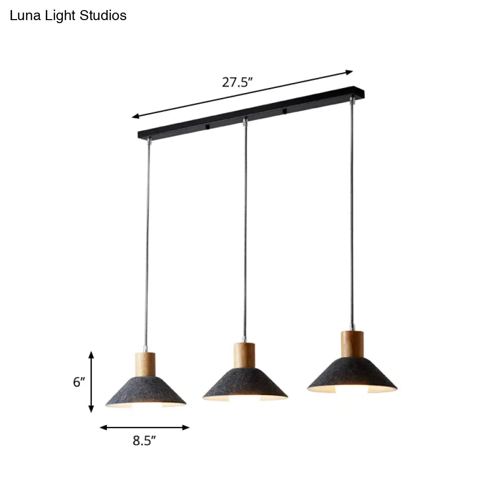 Industrial Grey Pendant Light with Wooden Cap - 3 Conical Lights for Dining Room