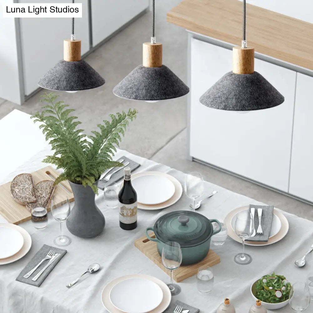 Industrial Grey Pendant Light with Wooden Cap - 3 Conical Lights for Dining Room