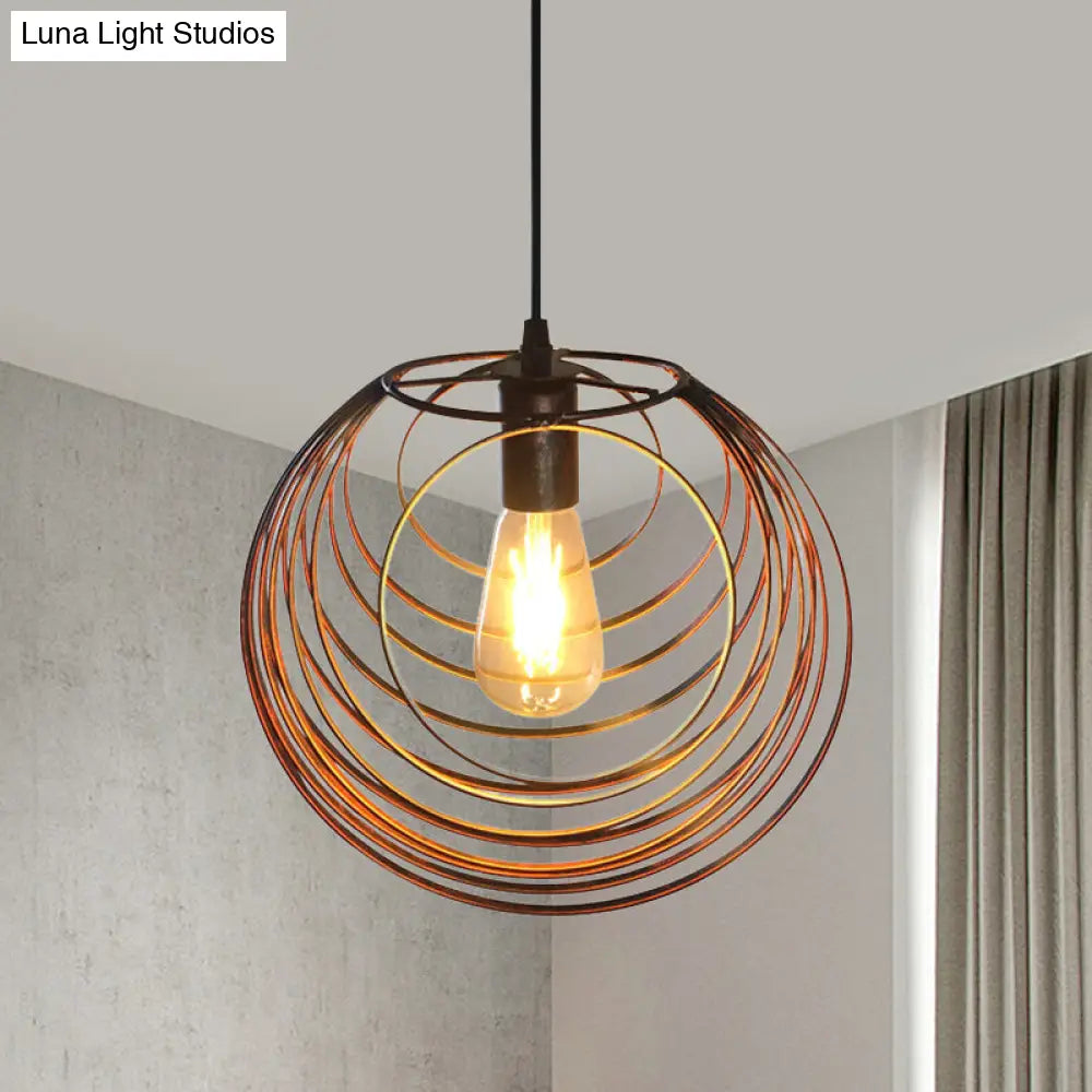 Industrial Hanging Lamp: 1-Light Globe Wire Cage Pendant - Black/Silver/Rust Tone