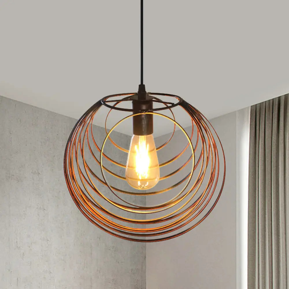 Industrial Hanging Lamp: 1-Light Globe Wire Cage Pendant - Black/Silver/Rust Tone