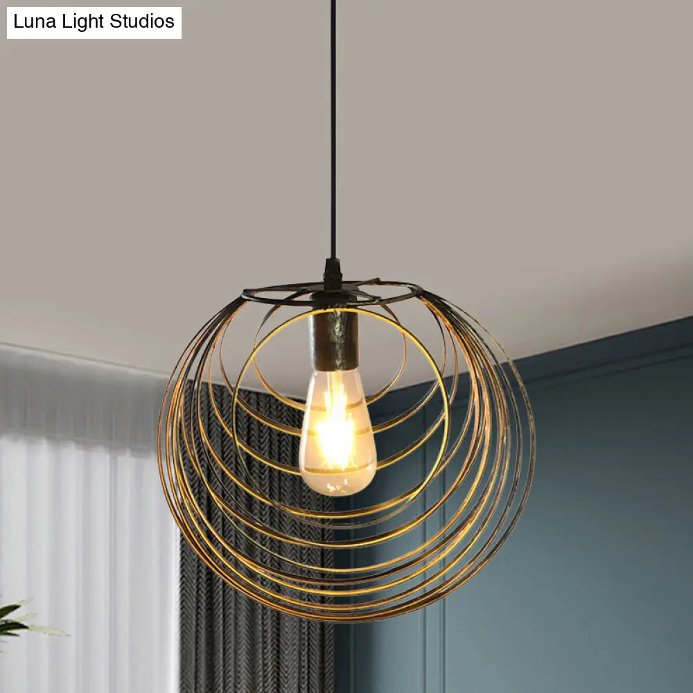 Industrial Hanging Lamp: 1-Light Globe Wire Cage Pendant - Black/Silver/Rust Tone