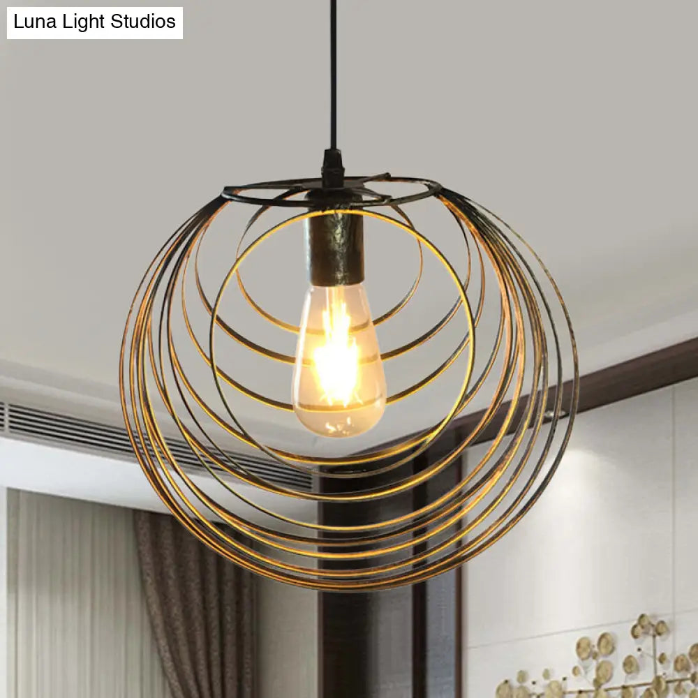 Industrial Hanging Lamp: 1-Light Globe Wire Cage Pendant - Black/Silver/Rust Tone