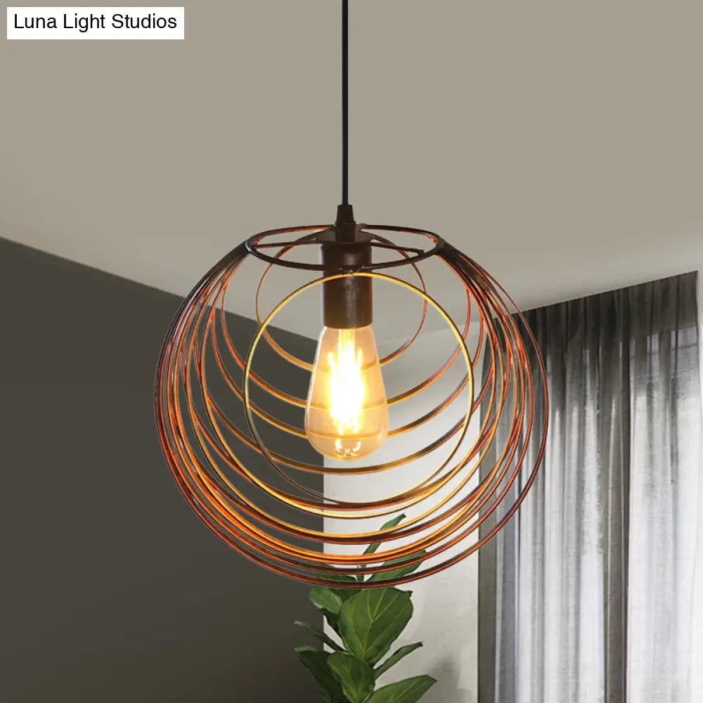 Industrial Hanging Lamp: 1-Light Globe Wire Cage Pendant - Black/Silver/Rust Tone