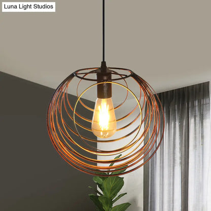 Industrial Hanging Lamp: 1-Light Globe Wire Cage Pendant - Black/Silver/Rust Tone