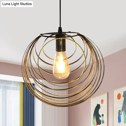 Industrial Hanging Lamp: 1-Light Globe Wire Cage Pendant - Black/Silver/Rust Tone