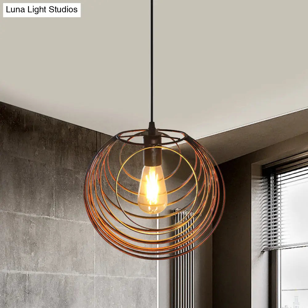 Industrial Hanging Lamp: 1-Light Globe Wire Cage Pendant - Black/Silver/Rust Tone