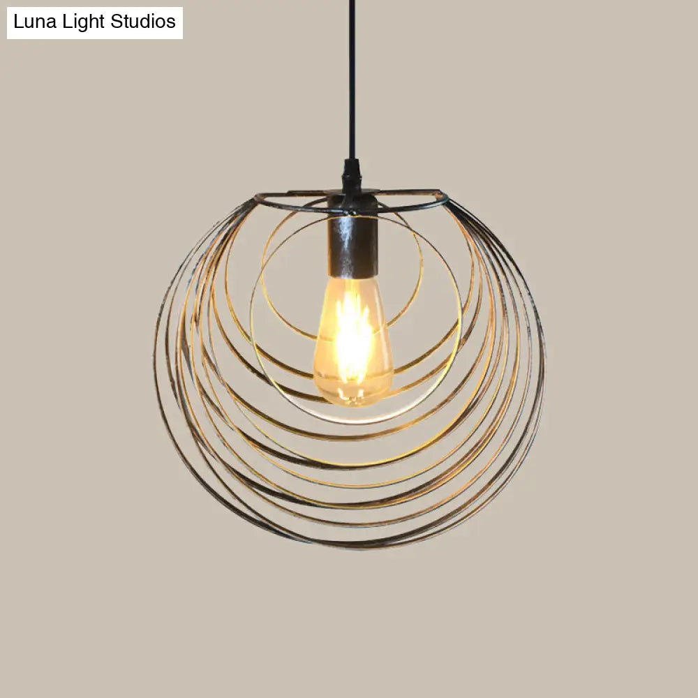 Industrial Hanging Lamp: 1-Light Globe Wire Cage Pendant - Black/Silver/Rust Tone