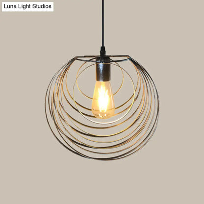 Industrial Hanging Lamp: 1-Light Globe Wire Cage Pendant - Black/Silver/Rust Tone