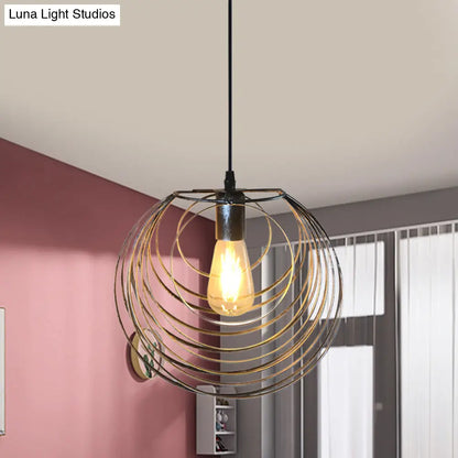 Industrial Hanging Lamp: 1-Light Globe Wire Cage Pendant - Black/Silver/Rust Tone