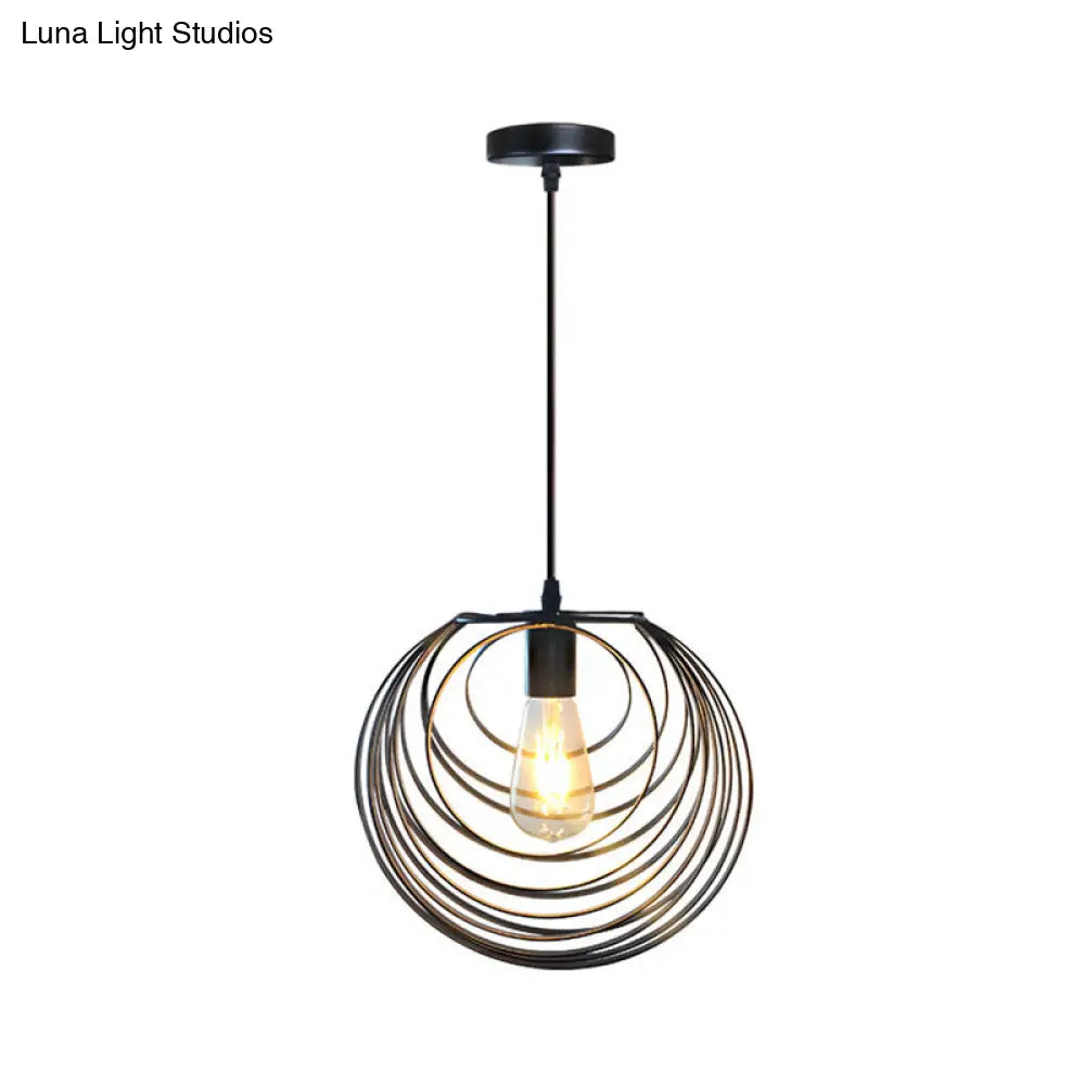 Industrial Hanging Lamp: 1-Light Globe Wire Cage Pendant - Black/Silver/Rust Tone