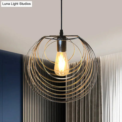 Industrial Hanging Lamp: 1-Light Globe Wire Cage Pendant - Black/Silver/Rust Tone