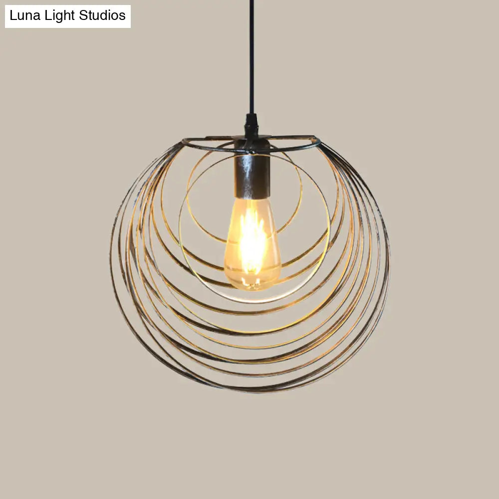 Industrial Hanging Lamp: 1-Light Globe Wire Cage Pendant - Black/Silver/Rust Tone