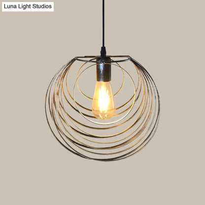 Industrial Hanging Lamp: 1-Light Globe Wire Cage Pendant - Black/Silver/Rust Tone