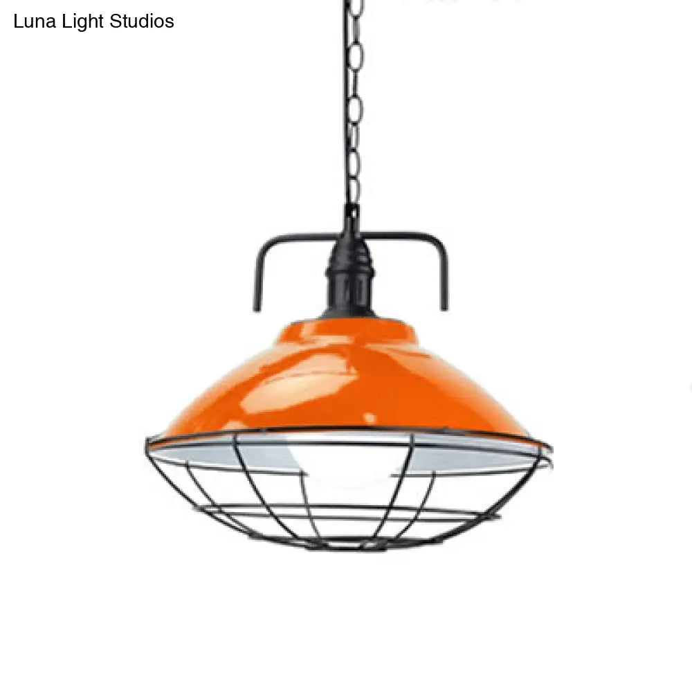 Industrial Hanging Lamp: 11"/14" Dia 1-Light Dome Pendant, Black/Blue Metal with Wire Cage for Indoor Lighting