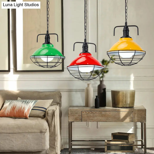 Industrial Hanging Lamp: 11"/14" Dia 1-Light Dome Pendant, Black/Blue Metal with Wire Cage for Indoor Lighting