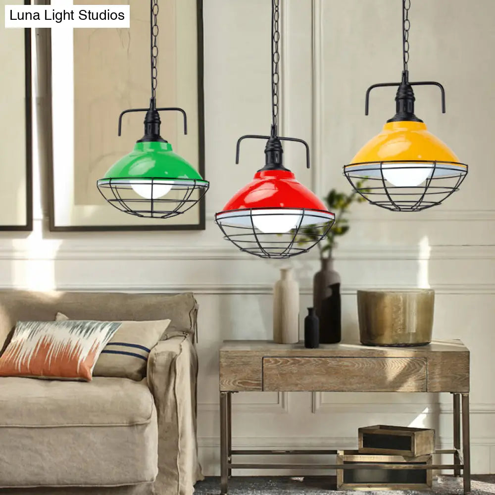 Industrial Hanging Lamp: 11"/14" Dia 1-Light Dome Pendant, Black/Blue Metal with Wire Cage for Indoor Lighting